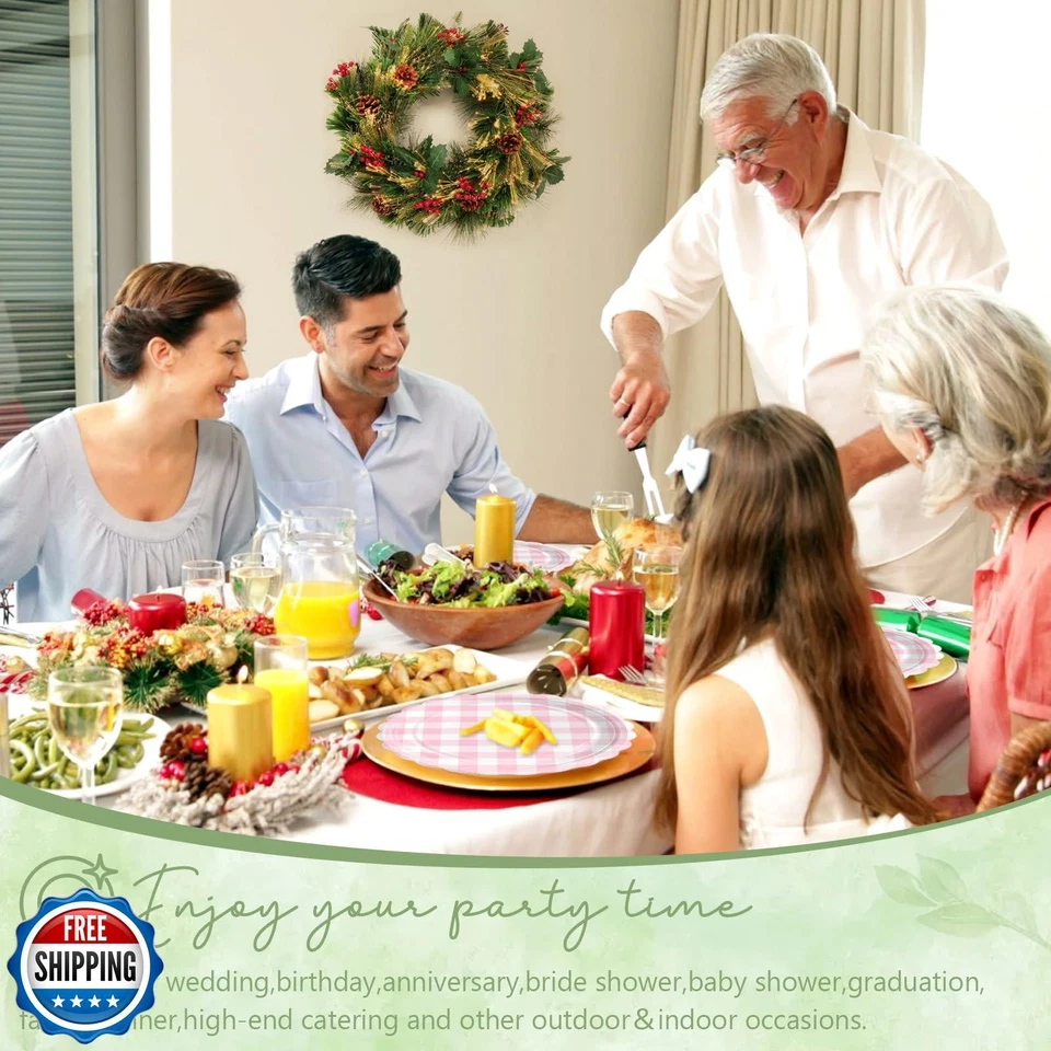 Juego de 75 platos y servilletas desechables de guinga rosa Mulbozy incluye postre aprox. Foto 2 de 4