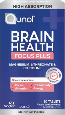 Qunol Brain Health Focus Plus, Magnesium L-Threonate & Citicoline, 60 Tablets