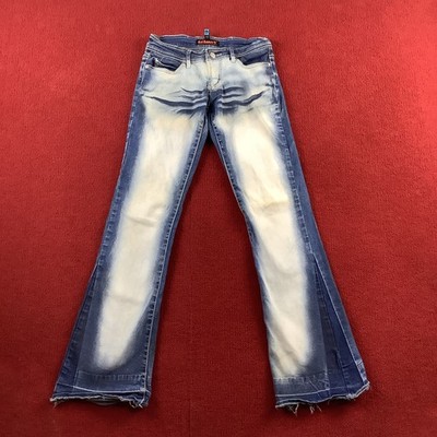 Dollhouse Jeans Womens 1/2 Blue Bleach Wash Flare Stretch Raw Hem Y2K