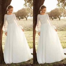 Simple A-Line Wedding Dresses Scoop Neck Puff Sleeved Lace Applique Bridal Gowns