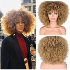 Curly Afro Wigs for Black Women Short Kinky Curly Wigs with Bangs Ombre Blonde