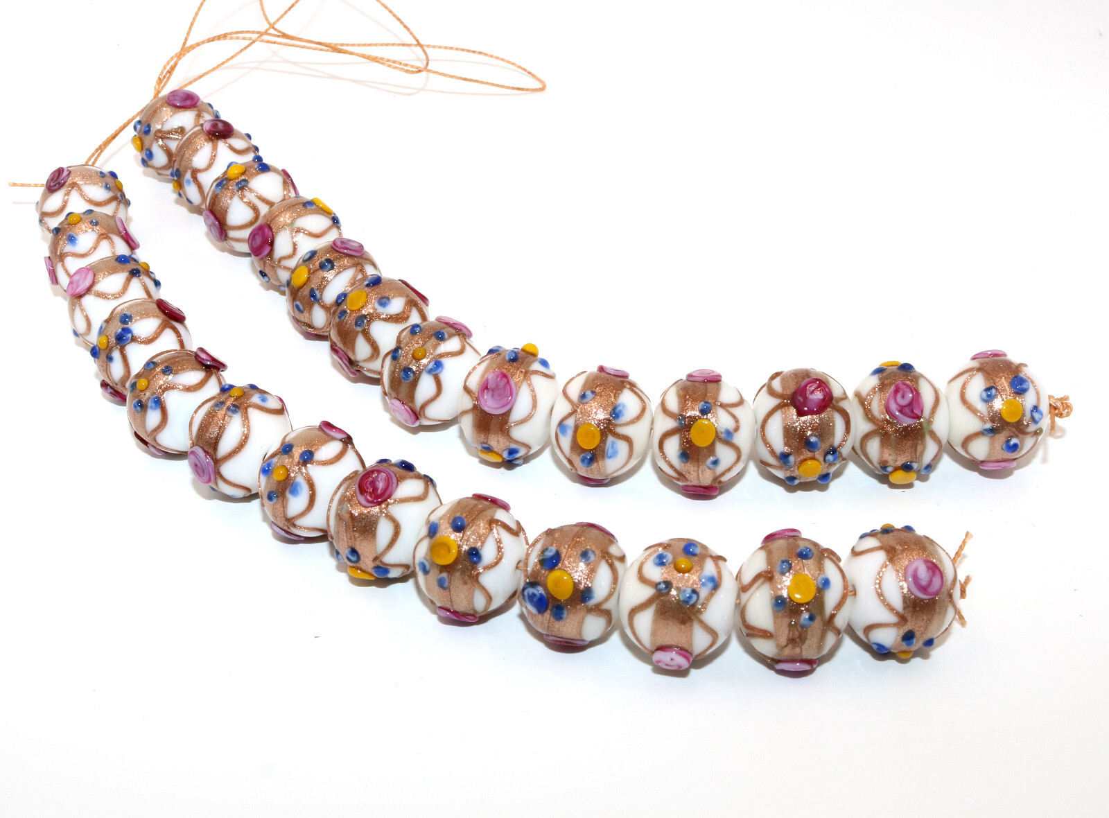 Lamp Work Glass Beads, 5 Strands Beautiful White Wedding Cake Beads 16mm Round