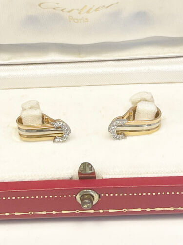 Pendientes Cartier Vintage Oro Amarillo y Blanco Sólido 18k Doble C Huggie Diamantes - Imagen 2 de 4