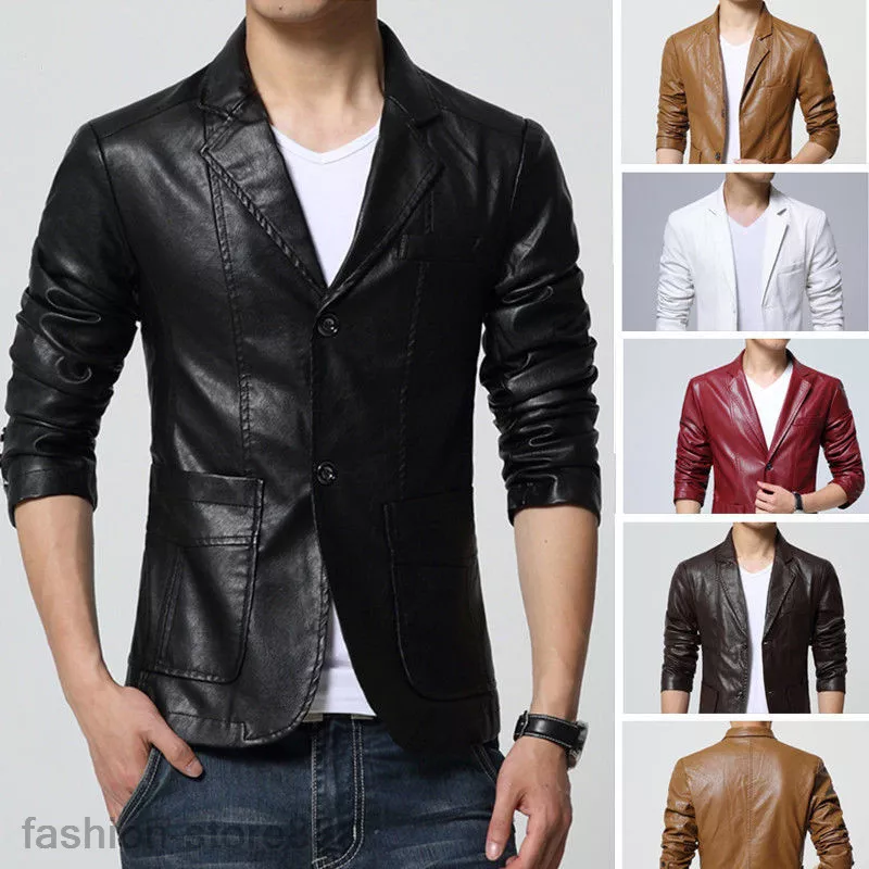 spring Men s Button Blazer Coat Soft Leather slim Fit Suit jacket