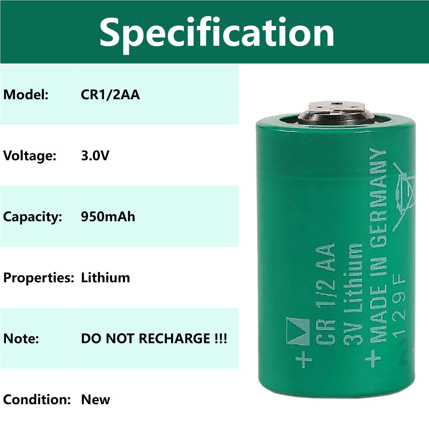 25pcs CR1/2AA 3V Non-rechargeable Battery 950mAh For Varta CR1/2AA Battery