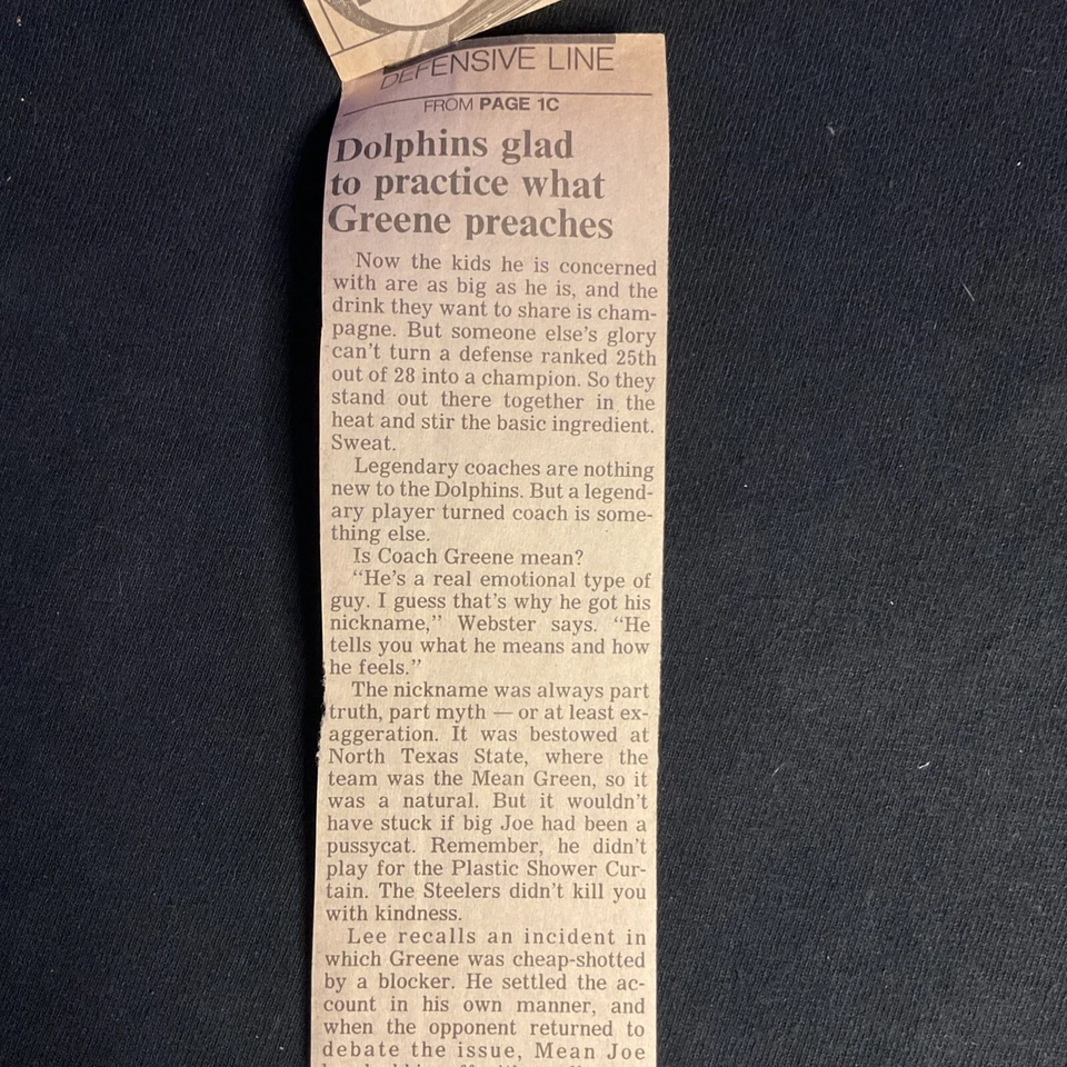 Joe Greene Steelers HOF Signed Newspaper Article Ephemera As A Dolphins Coach - Image 2 of 4