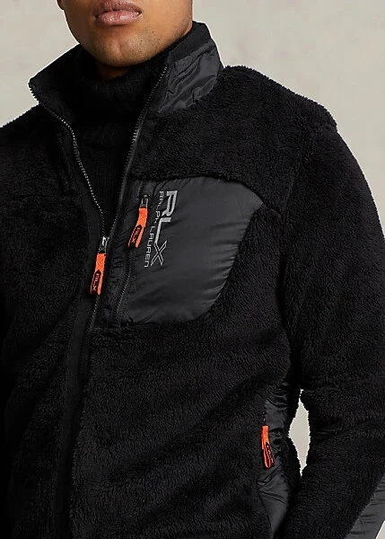 $298 RLX Ralph Lauren Mens SZ M Hi-Pile Sherpa Fleece Tech Full Zip Jacket Black - Image 2 of 3