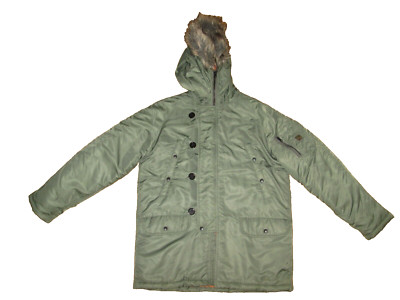 Men's I. SPIEWAK & SONS  Army Green Parka Coat Military Jacket Faux-Fur Hood ~ L