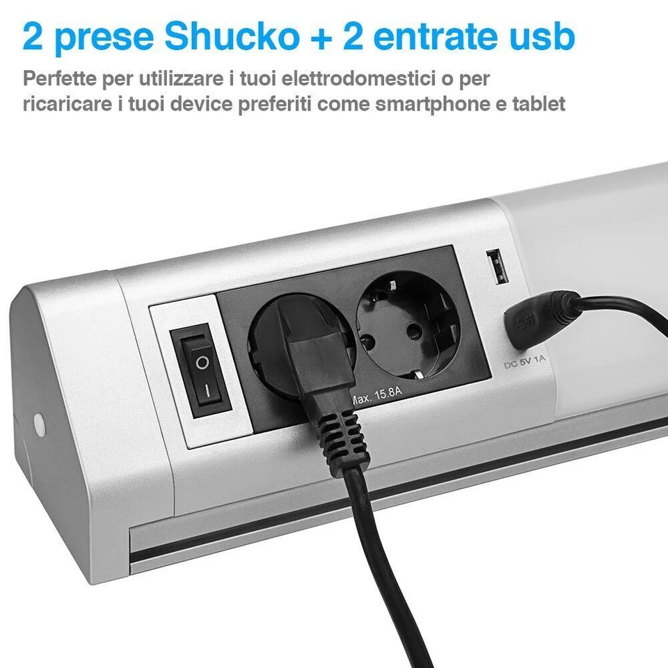 Lampada Luce Sottopensile Cucina Con 5 Ganci Portastoviglie 2 Prese Shucko + USB - Immagine 3 di 4