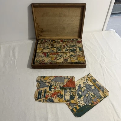 Jouet Ancien Cubes En Bois Art Déco - Thème Camping Et Vacances - Années 1950