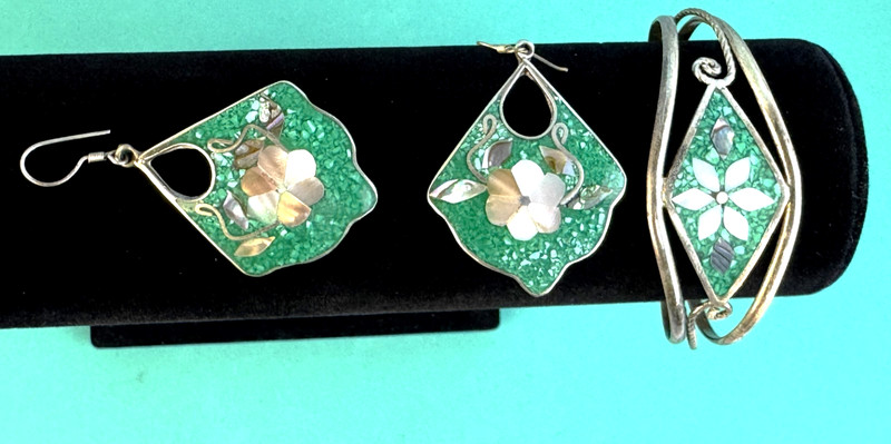 Matching Inlay Bracelet & Earrings Jewelry Set, Alpaca Silver, Turquoise Abalone