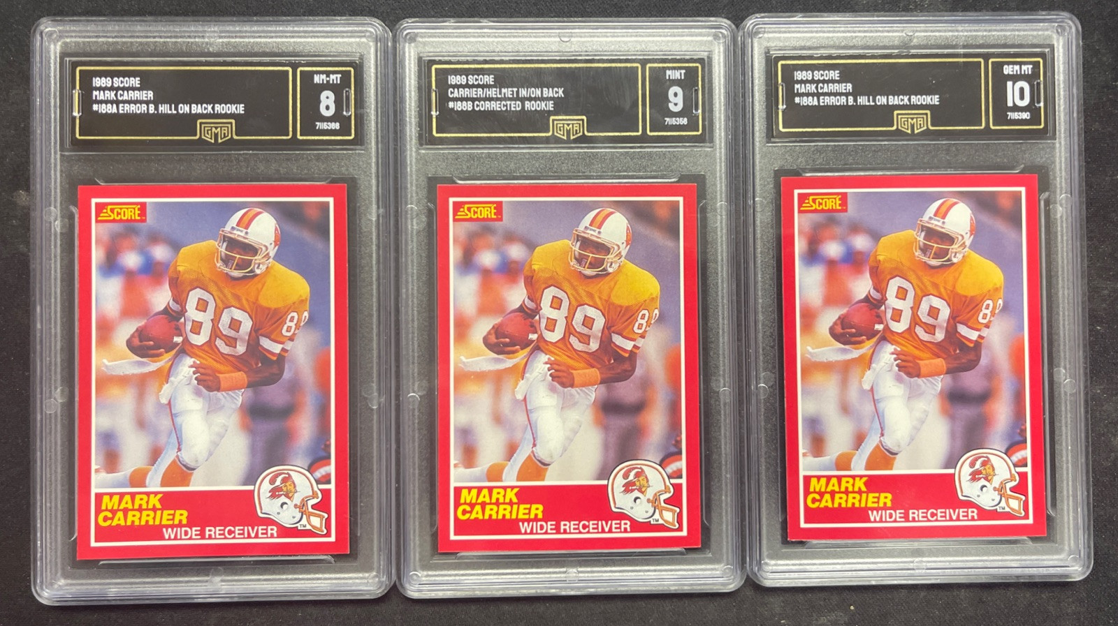 1989 Score #188 Mark Carrier RC Lot GMA 10 8 9 ERROR & Corrected