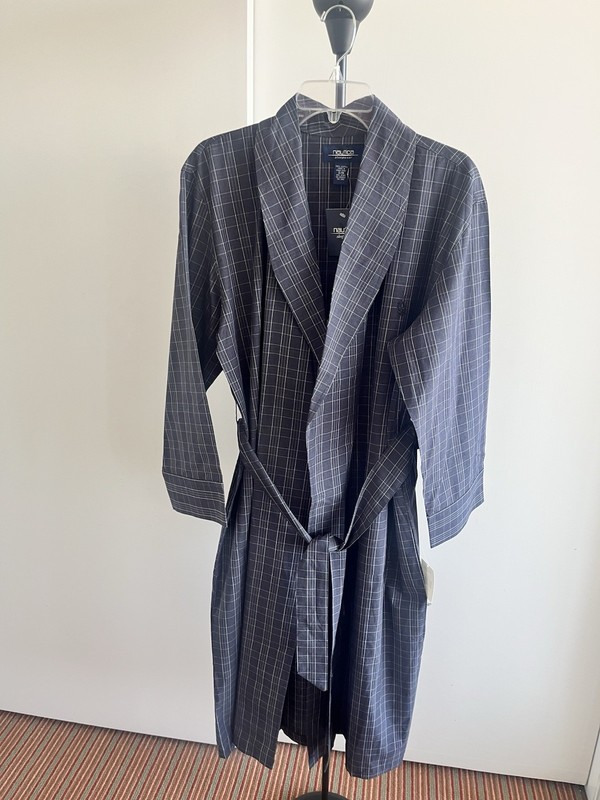 NWT Nautica Men’s Premium Cotton Robe NightGown Navy Blue Shawl Collar Medium