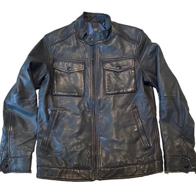 Vintage Cafe Racer Massimo Dutti Men's Dark Blue/Blk Leather Jacket - Size Small