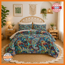 Uevbf Boho Style King Quilt Setbohemian Floral Quilt Beddding Set For