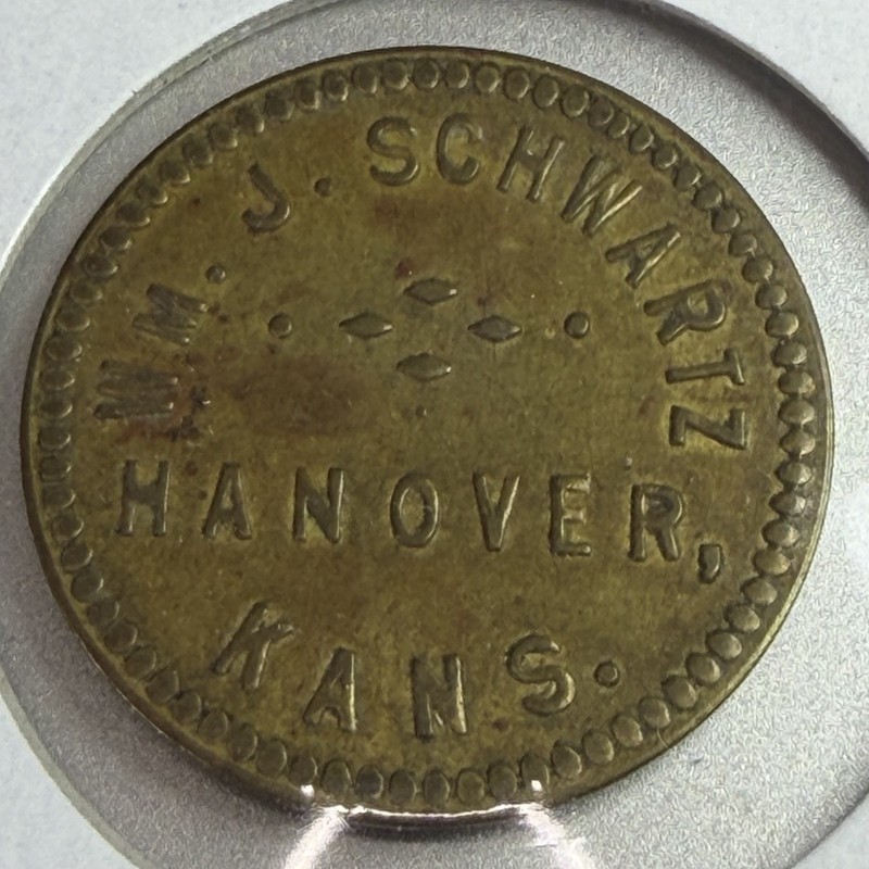 Kansas, Hanover, Wm. J. Schwartz Store Brass $1.00 Merchandise Token 121223