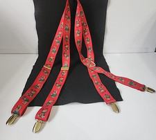 Vintage Mens Suspenders Elastic Red Christmas Boy Girl Reindeer Print 48" Max