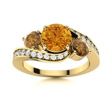 5MM Round Shape Citrine  Brown Cz 925 Silver Gold Plated Three Stone Women Ring