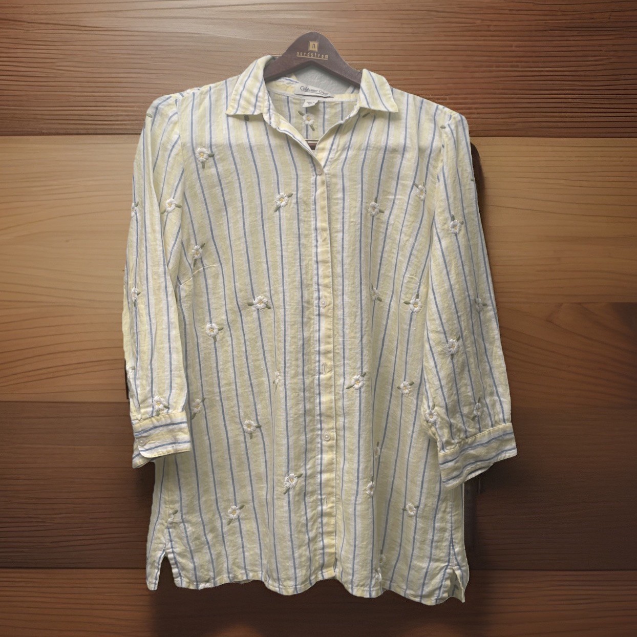 Coldwater Creek Top Womens M 100% Linen Striped Embroidered Daisy Cottagecore