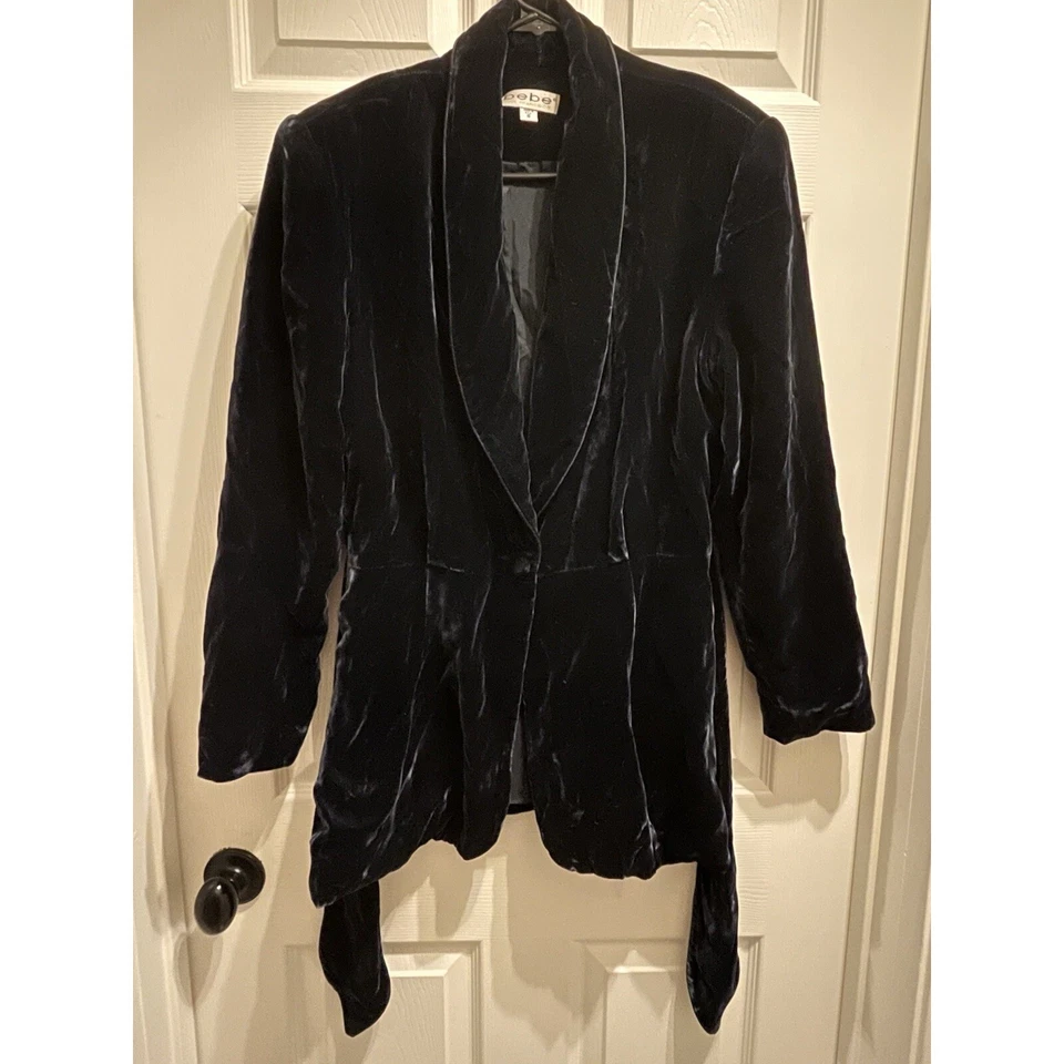 Chaqueta Blazer Bebe Vintage Azul Marino Terciopelo Mujer 10 Cinturón Almohadillas para los Hombros Y2K Foto 3 de 4