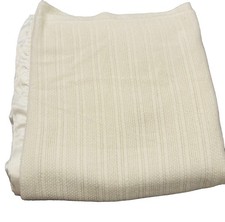 Vintage Waffle Weave Satin Trim Acrylic Blanket Cream Ivory Queen 88"x90"