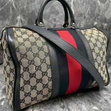 GUCCI 247205.525040 GG Sherry Line 2Way Boston Bag Navy Beige Leather Logo