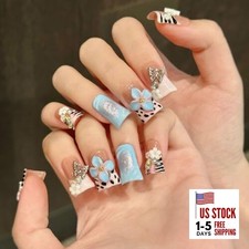 Duck Press on Nails Handmade - 10Pcs Fake Acrylic Nail 3D Short Duck Blue Pink