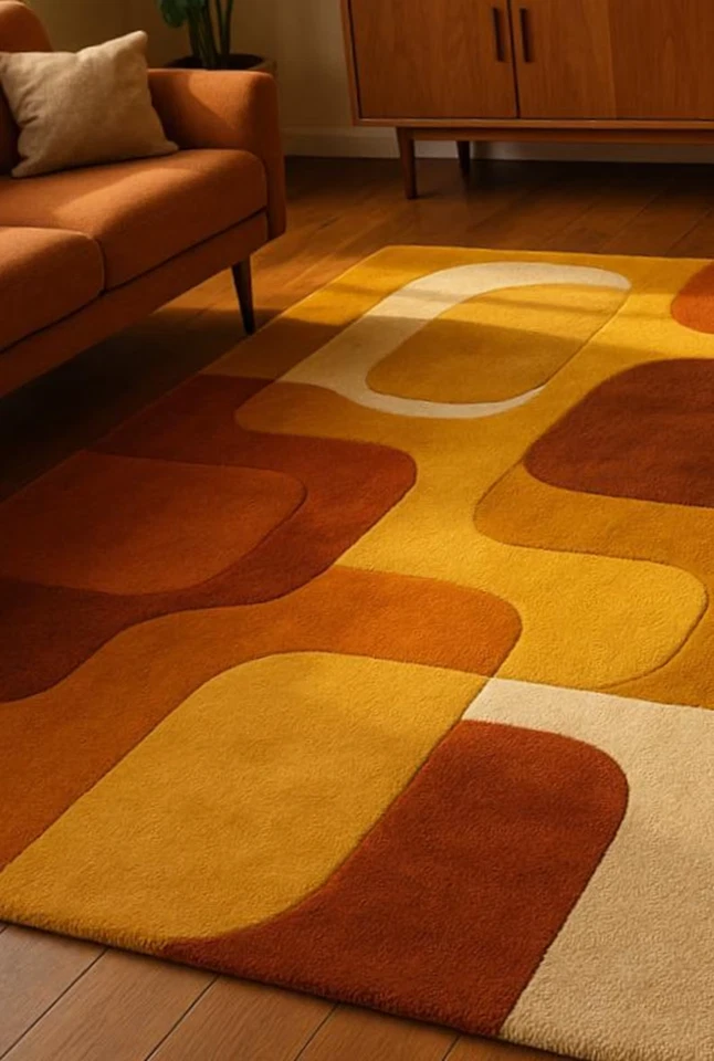 Mid Century Modern Wollteppich Geometrisch Vorleger Burnt Orange Senfgelb - Bild 4 von 4