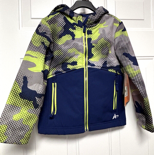 Boys Hooded Jacket Zip Front Size XS 4/5 NWT Athletech Outerwear Navy Gray Lime
