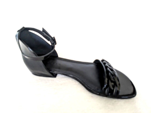 SANDRO Paris Black Patent Leather Open toe chain leather sandals, 37, New $399