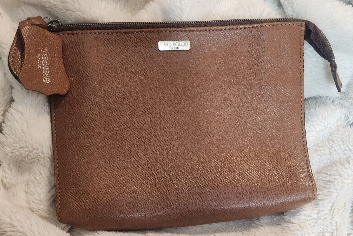 Vintage Renoma Paris Clutch Wristlet Bag Leather Brown Cosmetic