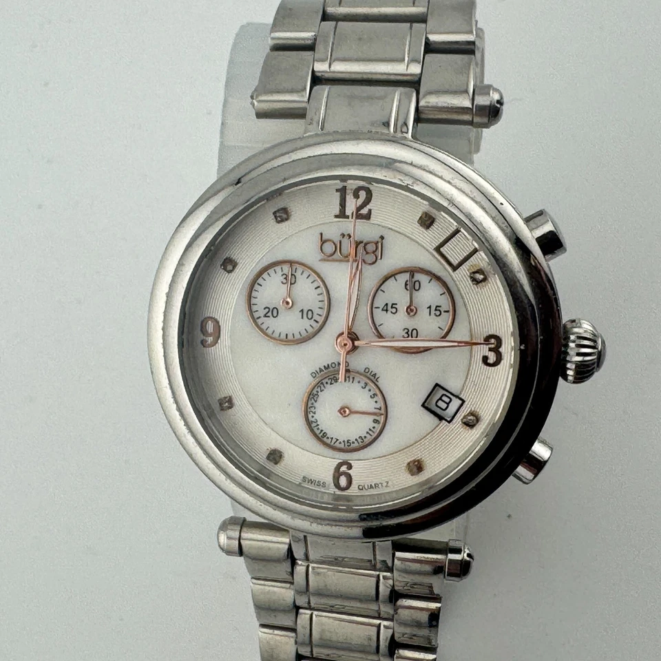 Burgi Quartz Watch Women 30m Silver Steel Diamonds Chronograph Date New Battery - image 2 of 4