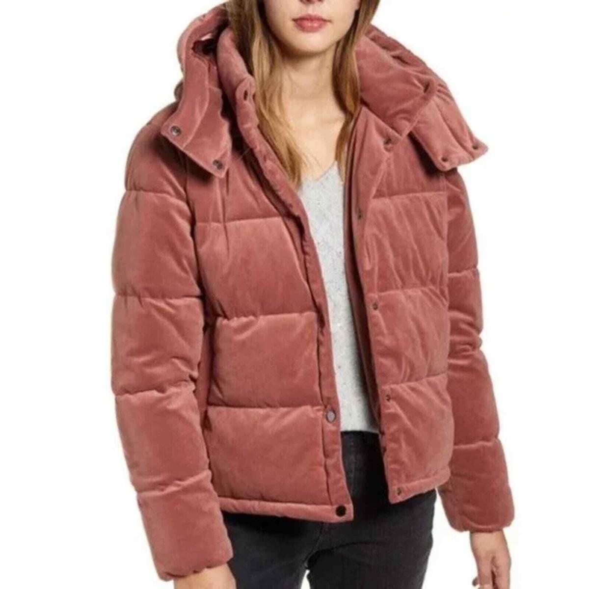 Rachel Parcell Velvet Quilted Hoodie Puffer Jacket Dusty Pink