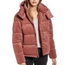 Rachel Parcell Velvet Quilted Hoodie Puffer Jacket Dusty Pink, Size Small