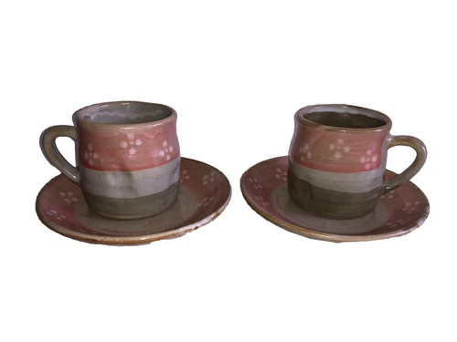 Vintage? Art Pottery cups/mugs and Saucers Stoneware Set Flower Pink Gray Green