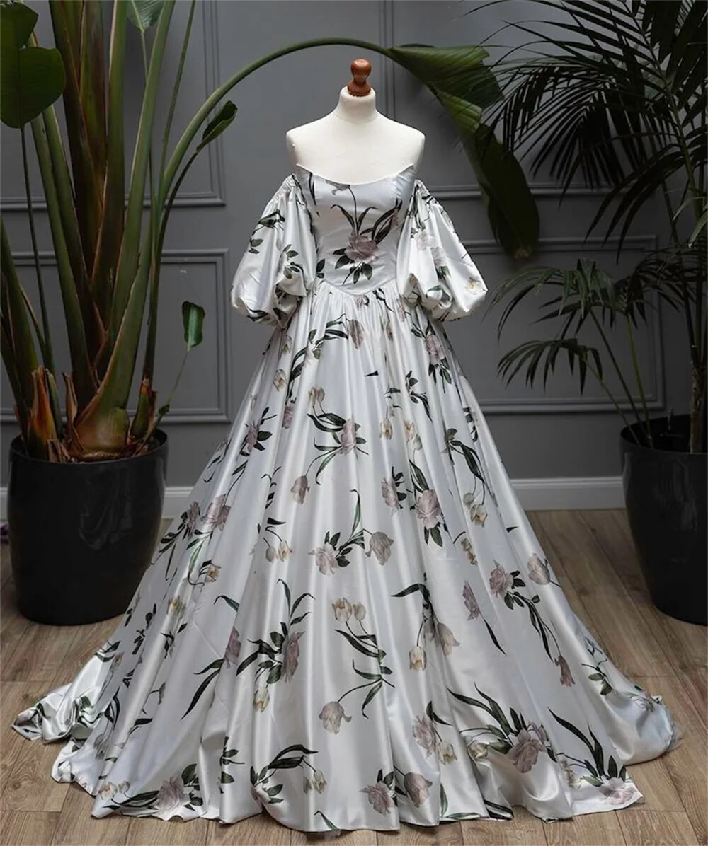 strapless open back dress Black A-line Floral Satin Straps Long Party Dress, Black Satin Prom Dr –  Cutedressy main image 1