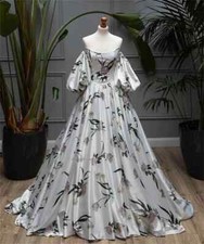 Floral Print Satin Prom Dresses Detachable Sleeves Off Shoulder Wedding Dresses