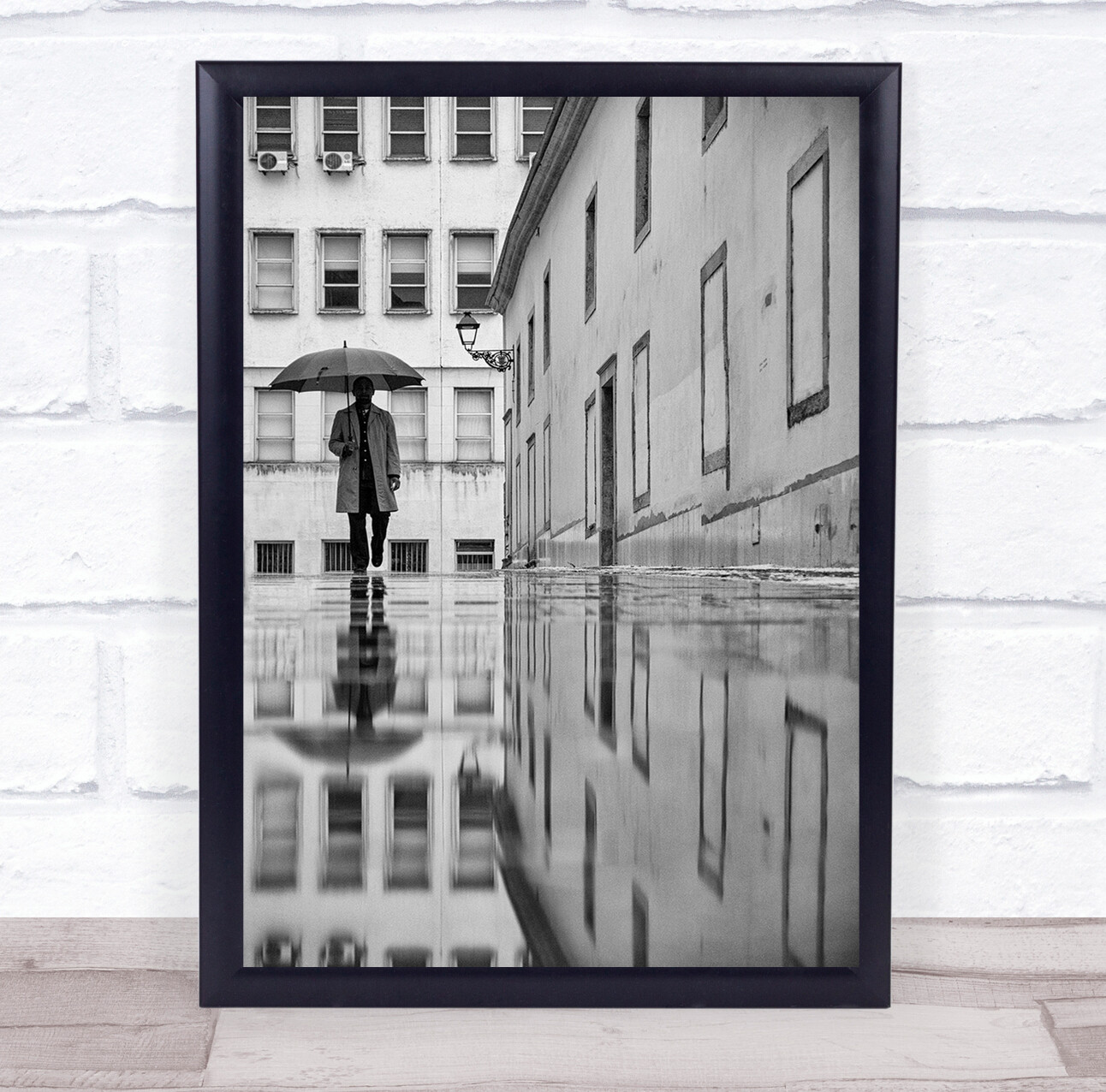 Umbrella man reflection cityscape wall art print  