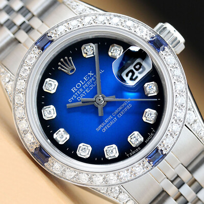 ROLEX Damen Datejust 69174 18K Gold SS Blau Vignette Diamant Lünette Hörner Uhr