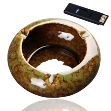 Ashtray for Cigarettes Glossy Ceramic Round + Flameless Lighter! for in/outdoor.