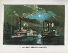 Currier & Ives 1978 Vintage A Midnight Race o/t Mississippi Color Lithograph