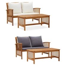 Solid Acacia Wood Garden Bench with Coffee Table  Cushions Lounge Furniture US