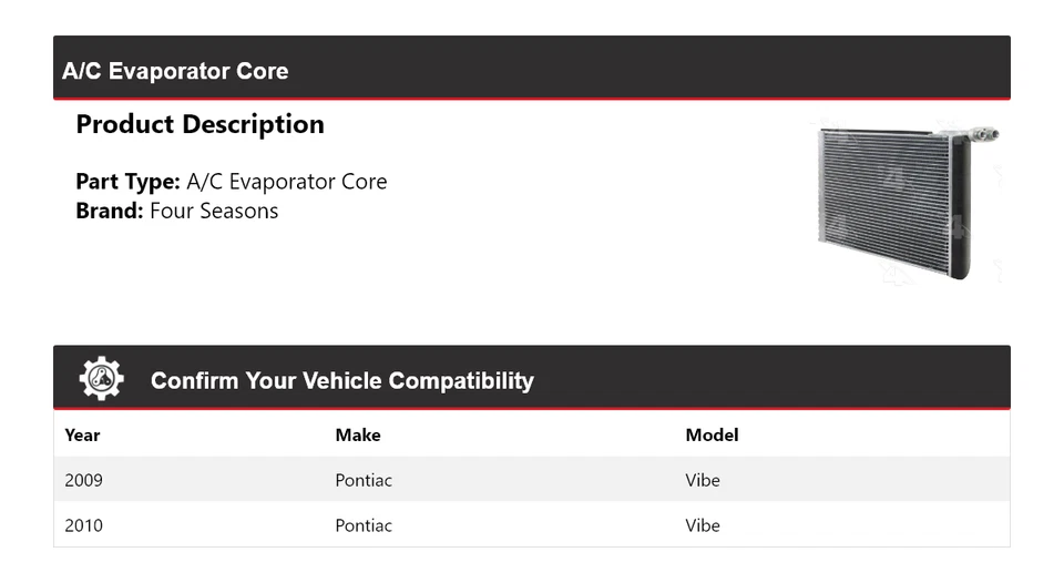 Núcleo evaporador de aire acondicionado Pontiac Vibe 2009-2010 4 estaciones Foto 2 de 4