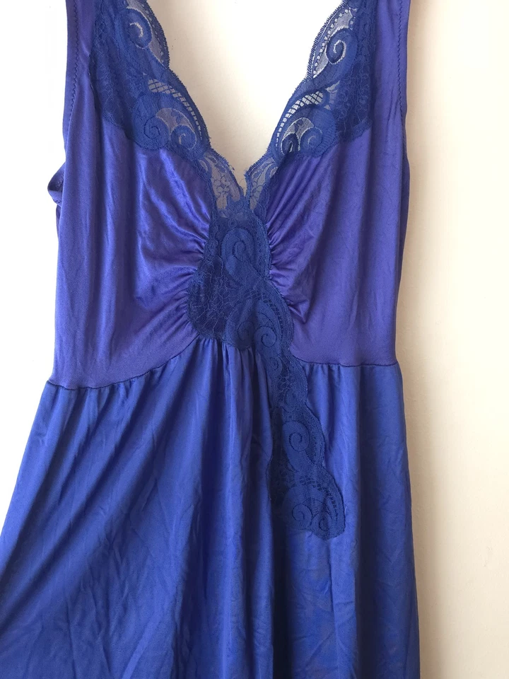 Camisón De Colección Largo Completo Nylon Talla Pequeña 8-10 Azul Con Detalle de Encaje Sears Foto 3 de 4