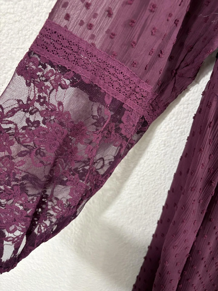 Torrid Dress Womens 1X Purple Swiss Dot Sheer Lace Sleeve Button Front Midi - Image 4 of 4