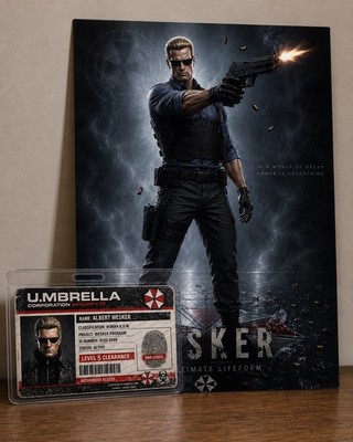 5x7 Resident Evil Albert Wesker Photo Sticker on Glossy Vinyl & Umbrella ID Card