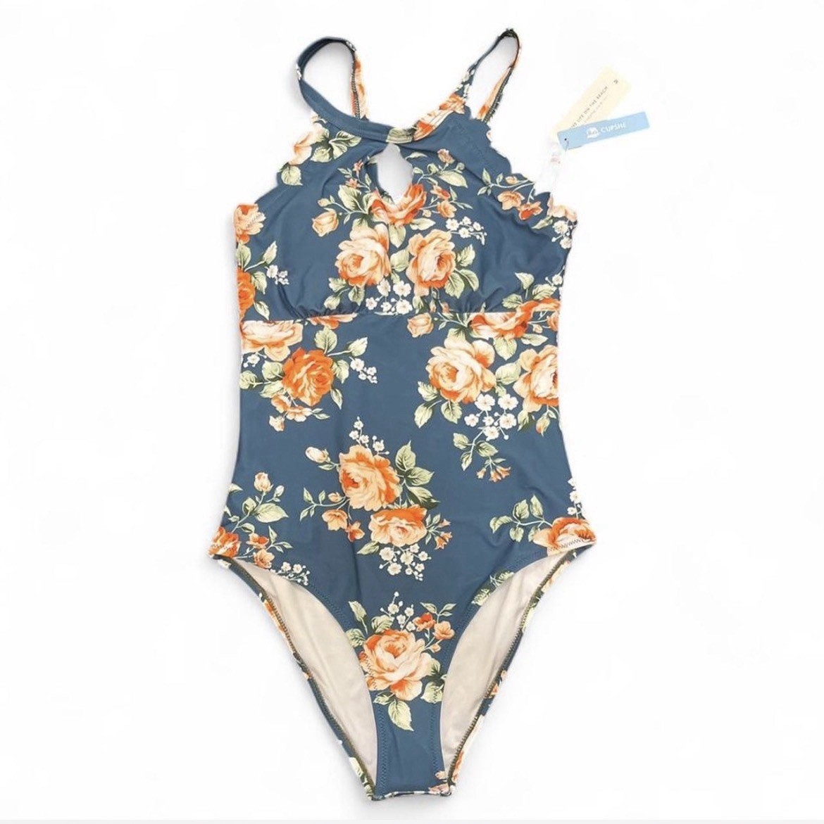 CUPSHE Women’s Blue Floral One Piece Swimsuit, Spaghetti Straps, Regular