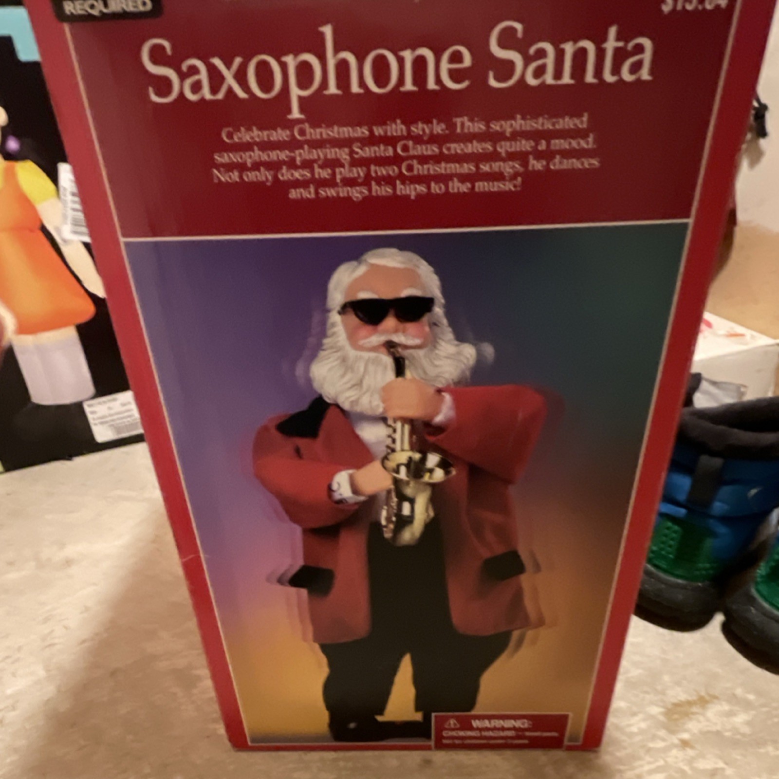 Saxophone Santa Claus Christmas Holiday Figurine, Freestanding Fabric/Plastic