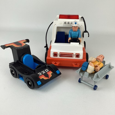 #ad Fisher Price Husky Helpers Ambulance Stretcher Race Car Figures Lot Vintage 1982 $89.95