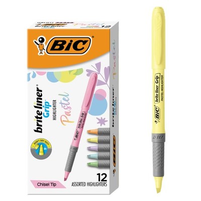 BIC Brite Liner Grip Pastel Highlighter Set, 12 Count (Pack of 1),